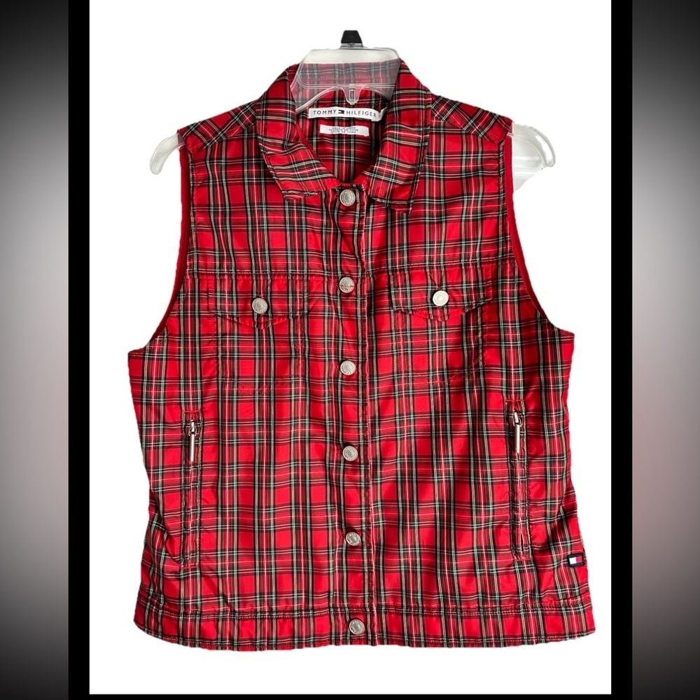 Tommy Hilfiger Women’s Vintage Y2K Red Tartan Plaid Button Up Vest Sz M